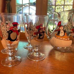 Vintage Penguin Christmas Decor Oneida Christmas Pitcher and Glass Set